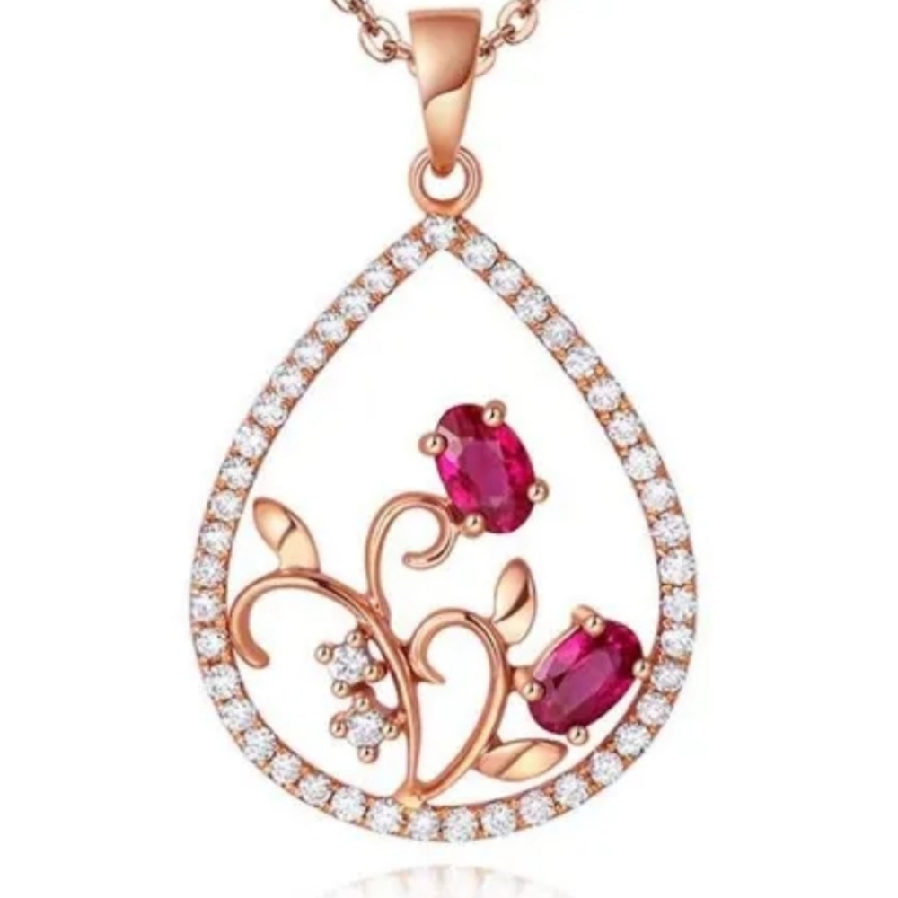 Rose Gold Plated Ruby Colored Stone Flower Pendant Necklace